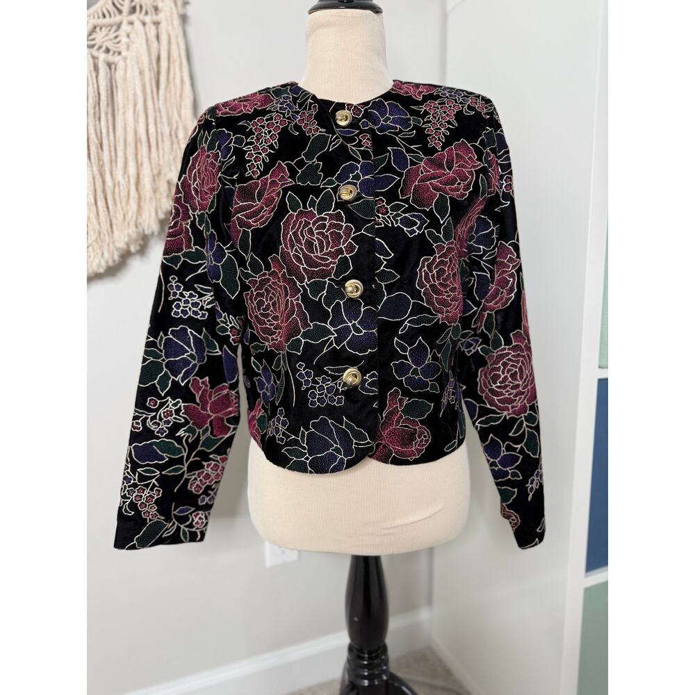 Vtg 80s Womens Black Velvet Purple Floral Gold Crest Button Holiday Jacket Small